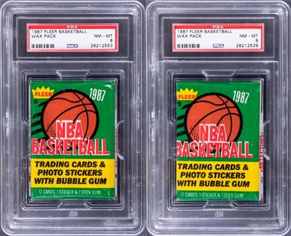 1987 Fleer Basketball Wax Pack Pair (2 Different) - Both Graded PSA NM-MT 8